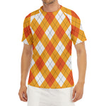White And Orange Argyle Pattern Print Men's Short Sleeve Rash Guard