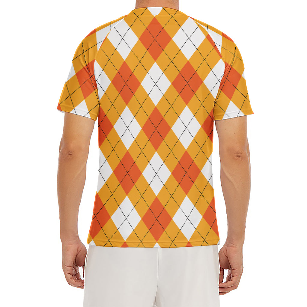 White And Orange Argyle Pattern Print Men's Short Sleeve Rash Guard