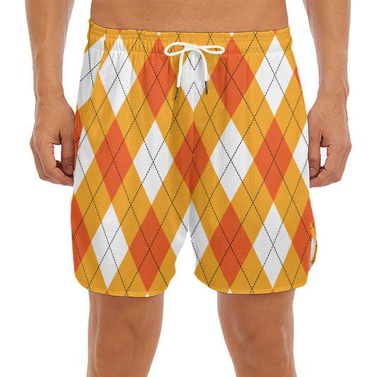 White And Orange Argyle Pattern Print Men's Split Running Shorts