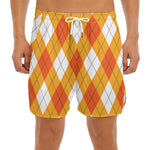 White And Orange Argyle Pattern Print Men's Split Running Shorts