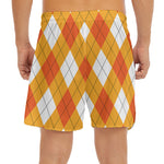White And Orange Argyle Pattern Print Men's Split Running Shorts
