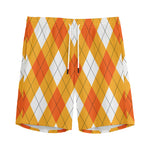 White And Orange Argyle Pattern Print Men's Sports Shorts