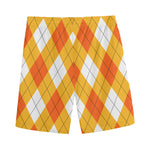 White And Orange Argyle Pattern Print Men's Sports Shorts