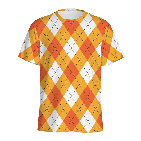 White And Orange Argyle Pattern Print Men's Sports T-Shirt
