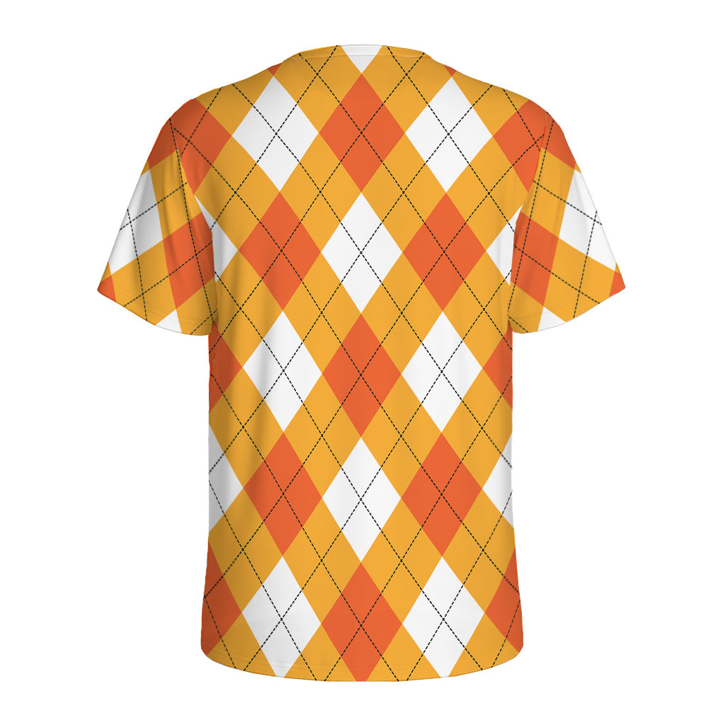White And Orange Argyle Pattern Print Men's Sports T-Shirt