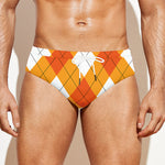 White And Orange Argyle Pattern Print Men's Swim Briefs