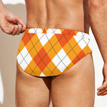 White And Orange Argyle Pattern Print Men's Swim Briefs