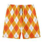 White And Orange Argyle Pattern Print Men's Swim Trunks