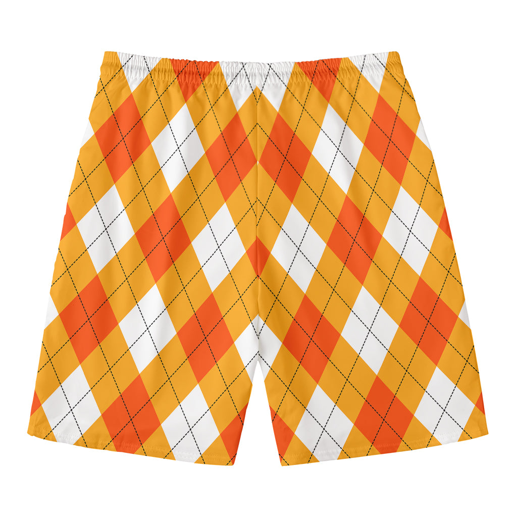 White And Orange Argyle Pattern Print Men's Swim Trunks
