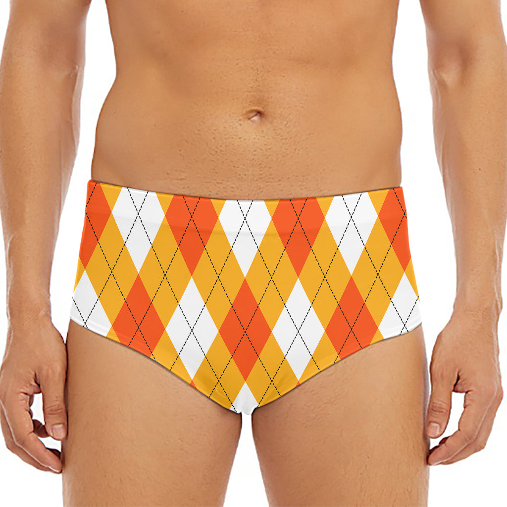 White And Orange Argyle Pattern Print Men's Triangle Swim Briefs
