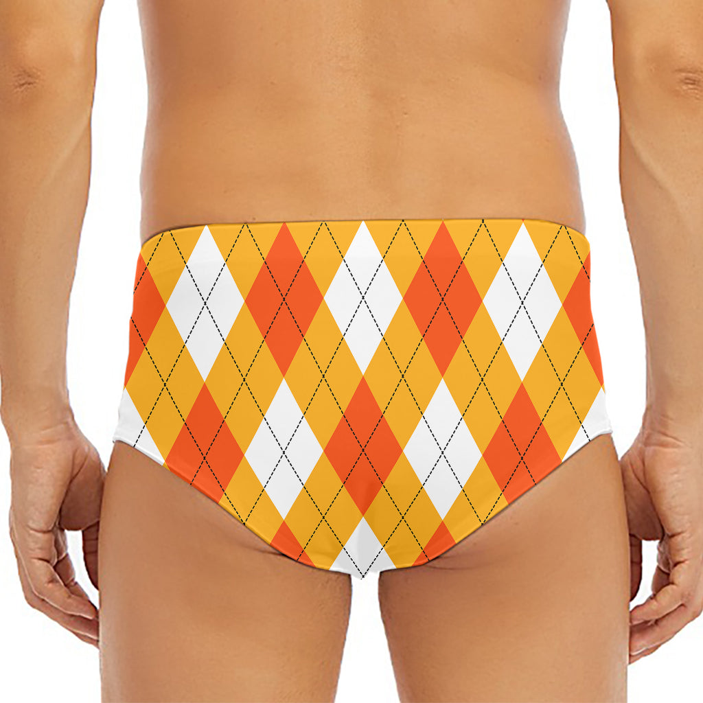 White And Orange Argyle Pattern Print Men's Triangle Swim Briefs