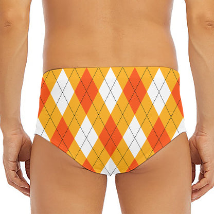 White And Orange Argyle Pattern Print Men's Triangle Swim Briefs
