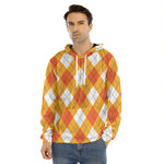 White And Orange Argyle Pattern Print Men's Velvet Pullover Hoodie