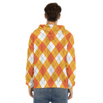 White And Orange Argyle Pattern Print Men's Velvet Pullover Hoodie