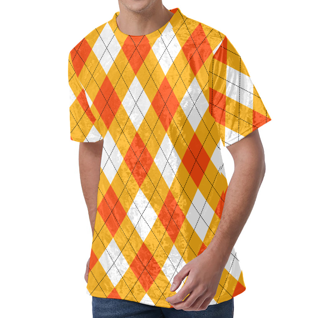 White And Orange Argyle Pattern Print Men's Velvet T-Shirt