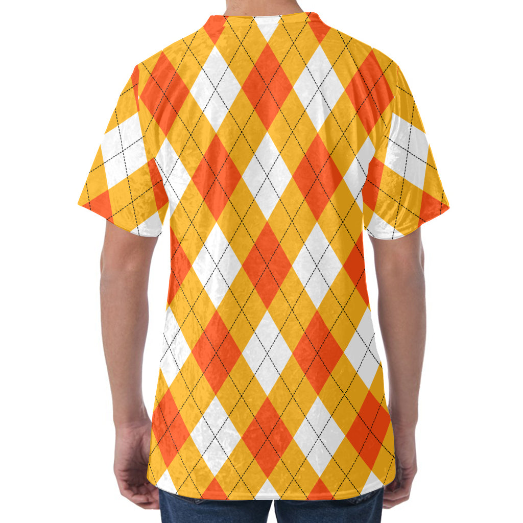White And Orange Argyle Pattern Print Men's Velvet T-Shirt