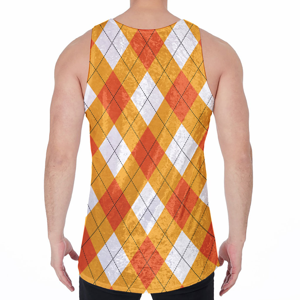 White And Orange Argyle Pattern Print Men's Velvet Tank Top
