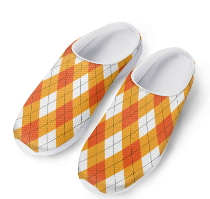 White And Orange Argyle Pattern Print Mesh Casual Shoes