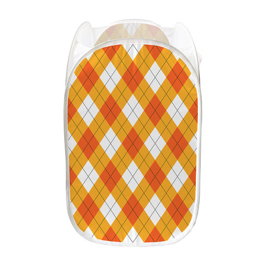 White And Orange Argyle Pattern Print Mesh Laundry Hamper