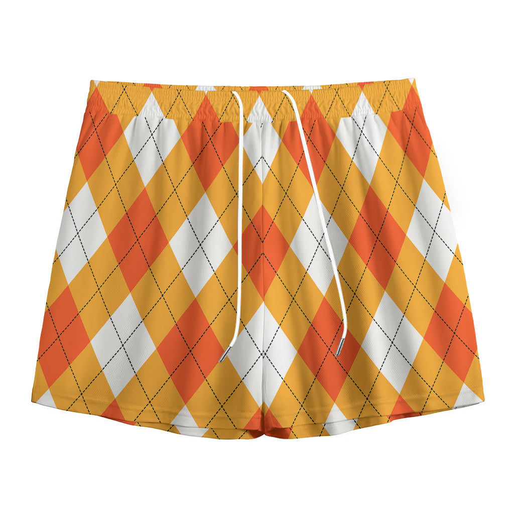 White And Orange Argyle Pattern Print Mesh Shorts