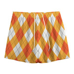 White And Orange Argyle Pattern Print Mesh Shorts