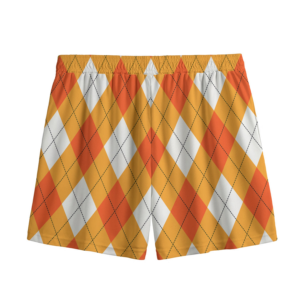 White And Orange Argyle Pattern Print Mesh Shorts
