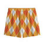 White And Orange Argyle Pattern Print Mesh Shorts