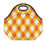 White And Orange Argyle Pattern Print Neoprene Lunch Bag