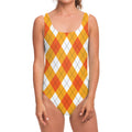White And Orange Argyle Pattern Print One Piece Swimsuit