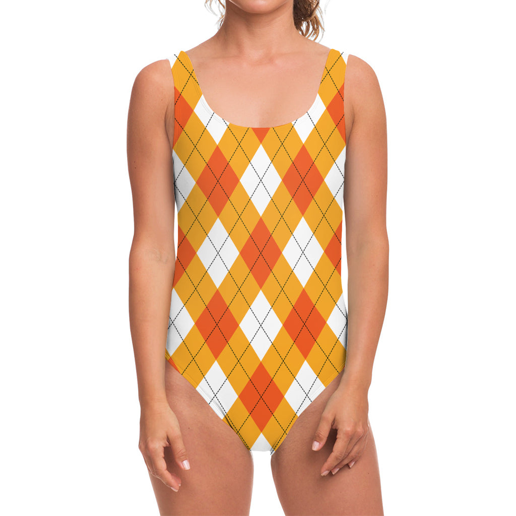 White And Orange Argyle Pattern Print One Piece Swimsuit