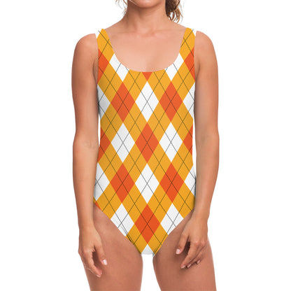 White And Orange Argyle Pattern Print One Piece Swimsuit