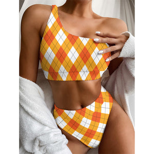 White And Orange Argyle Pattern Print One Shoulder Bikini Top