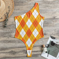 White And Orange Argyle Pattern Print One Shoulder Bodysuit