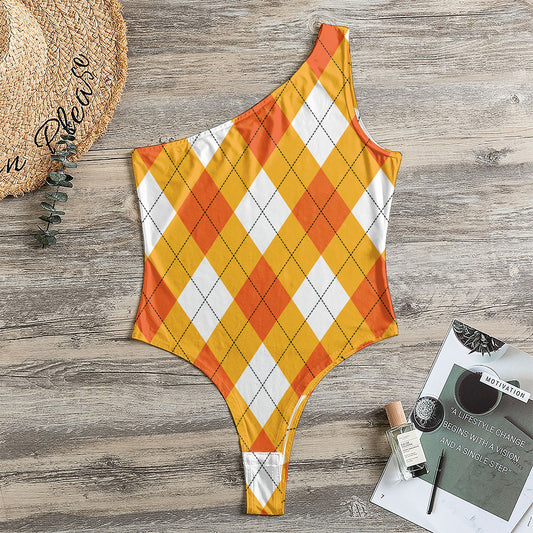 White And Orange Argyle Pattern Print One Shoulder Bodysuit
