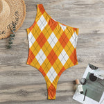 White And Orange Argyle Pattern Print One Shoulder Bodysuit