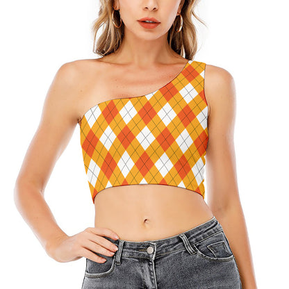 White And Orange Argyle Pattern Print One Shoulder Crop Top