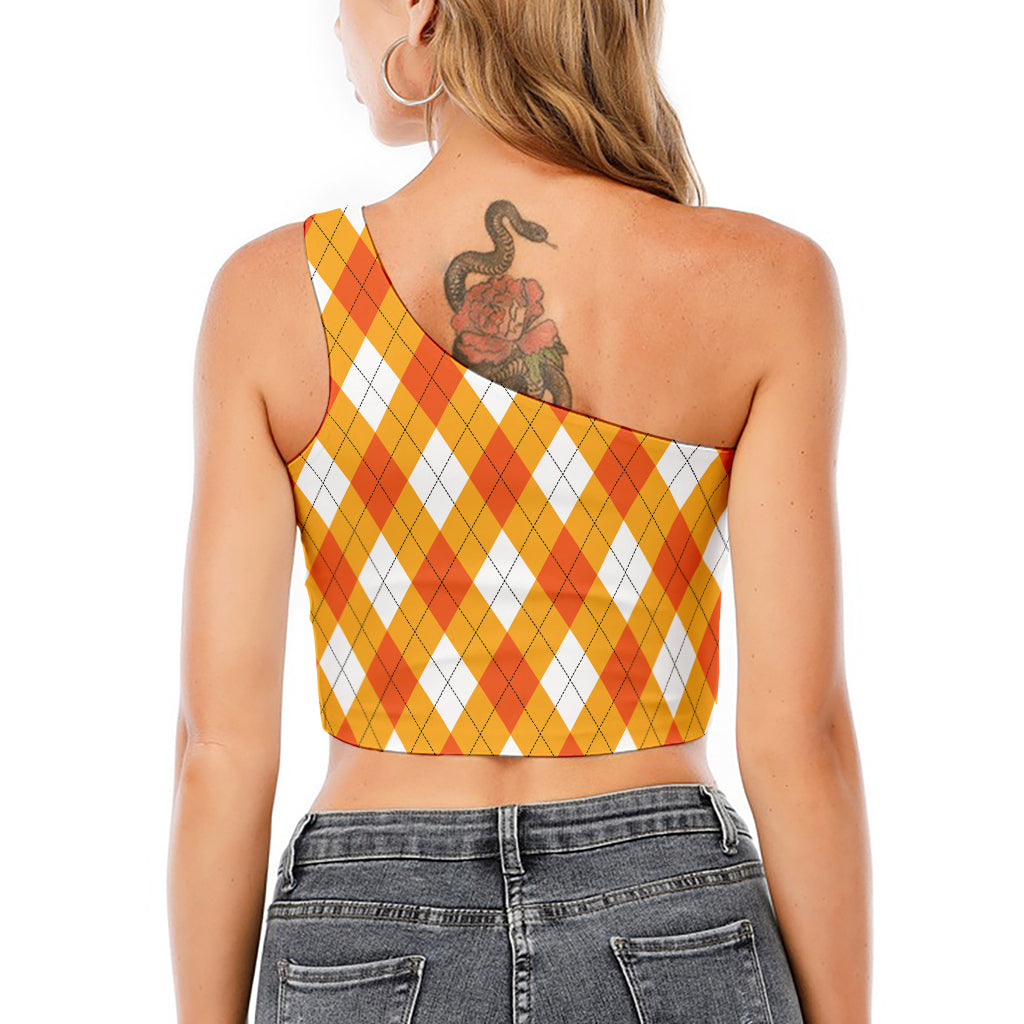 White And Orange Argyle Pattern Print One Shoulder Crop Top