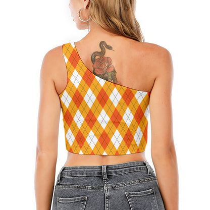 White And Orange Argyle Pattern Print One Shoulder Crop Top