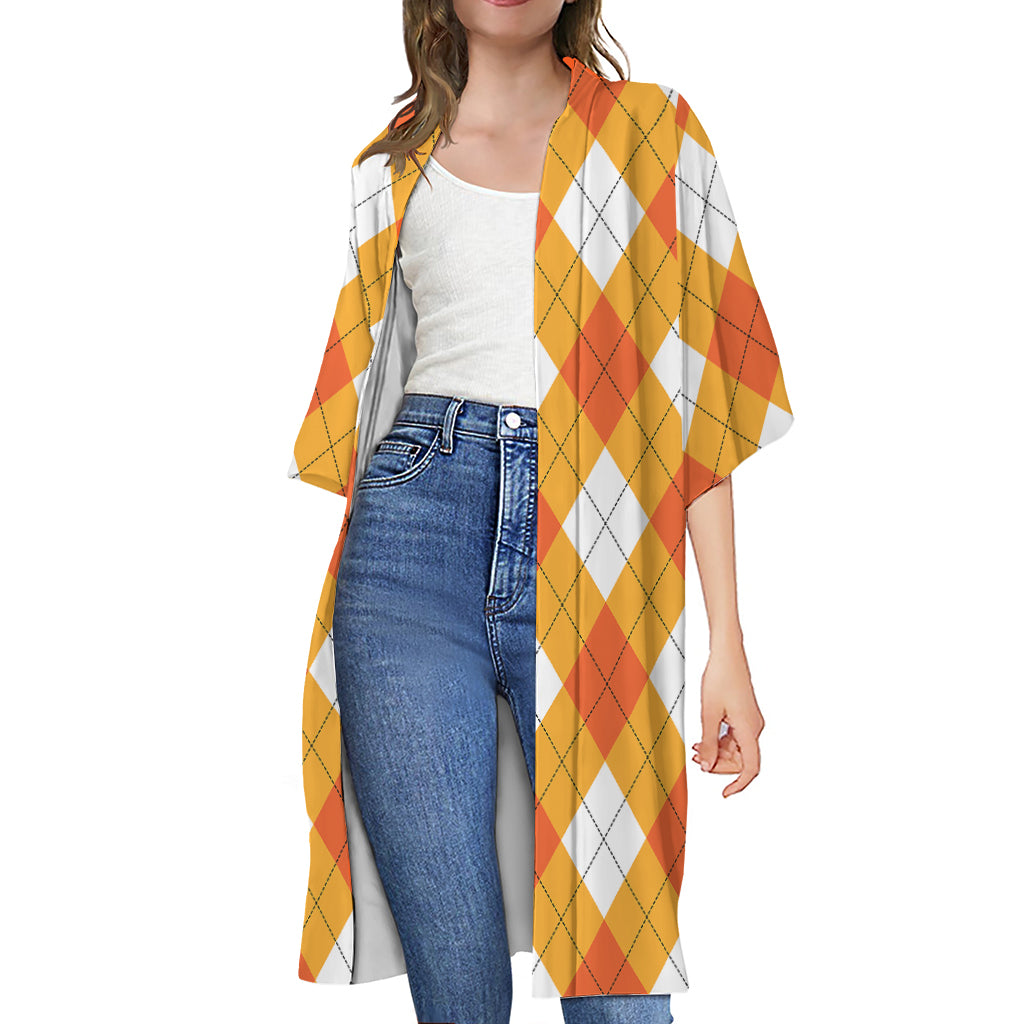 White And Orange Argyle Pattern Print Open Front Beach Cover Up