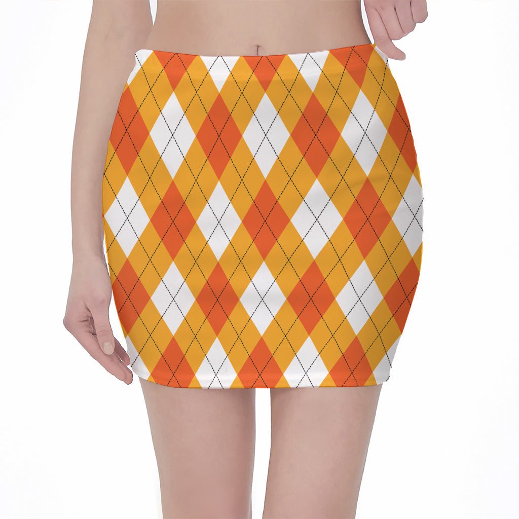 White And Orange Argyle Pattern Print Pencil Mini Skirt