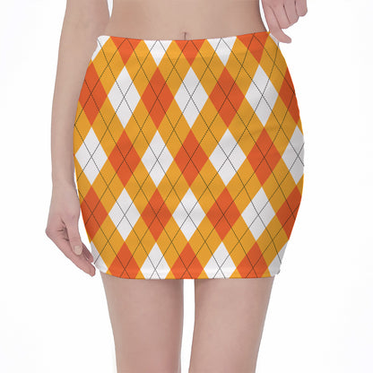 White And Orange Argyle Pattern Print Pencil Mini Skirt
