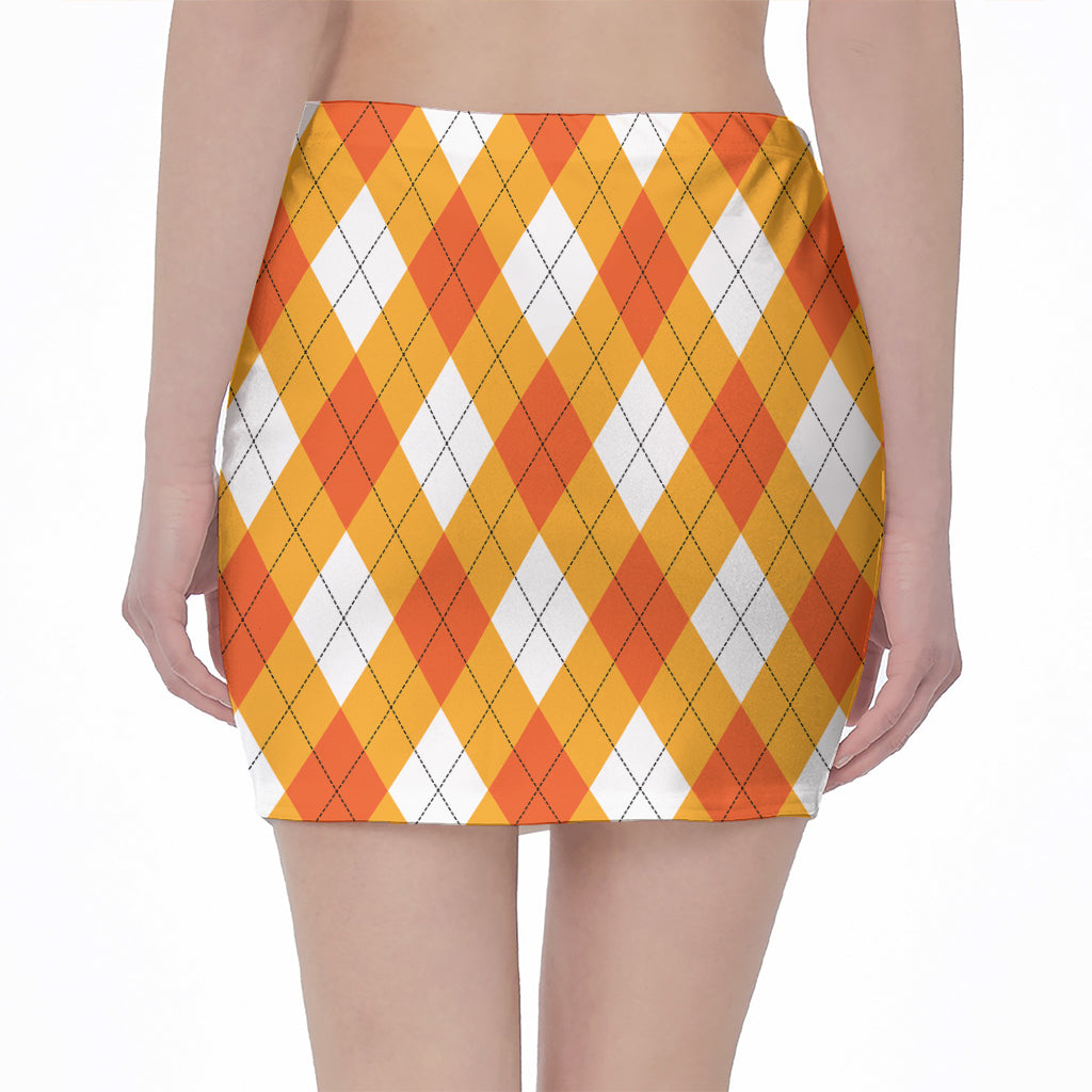 White And Orange Argyle Pattern Print Pencil Mini Skirt