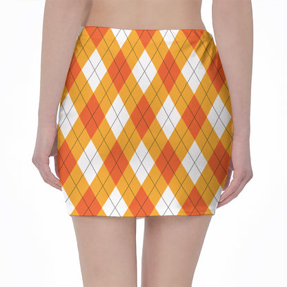White And Orange Argyle Pattern Print Pencil Mini Skirt