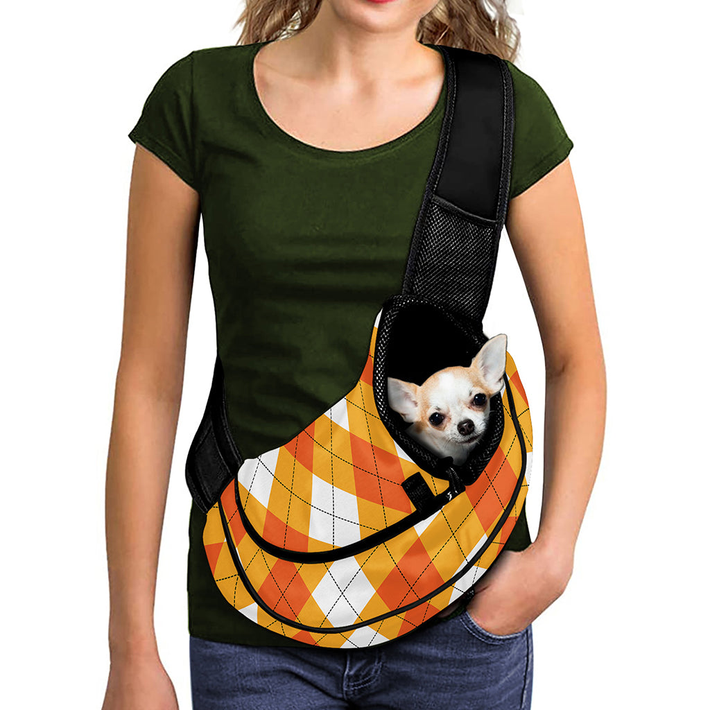 White And Orange Argyle Pattern Print Pet Sling Carrier