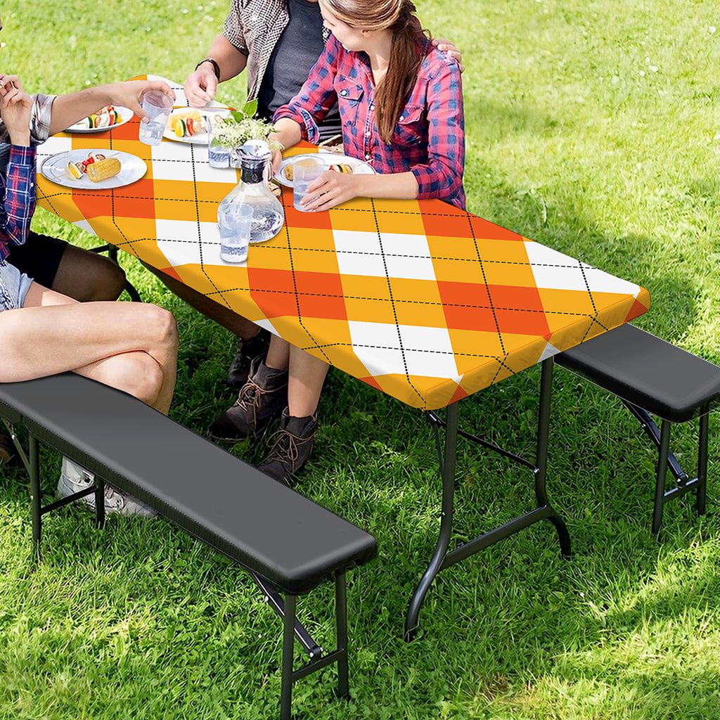 White And Orange Argyle Pattern Print Picnic Table Cover
