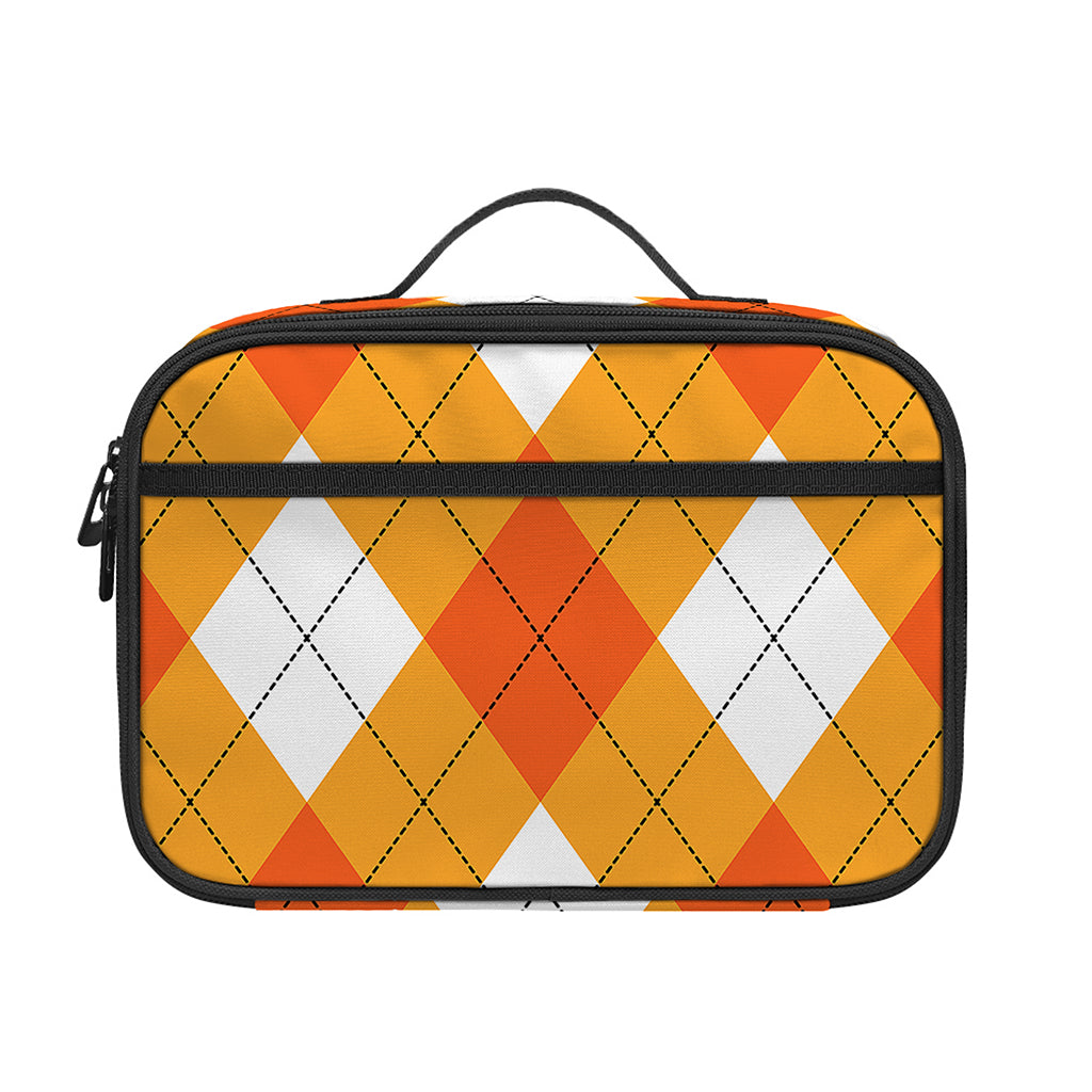White And Orange Argyle Pattern Print Portable Lunch Bag