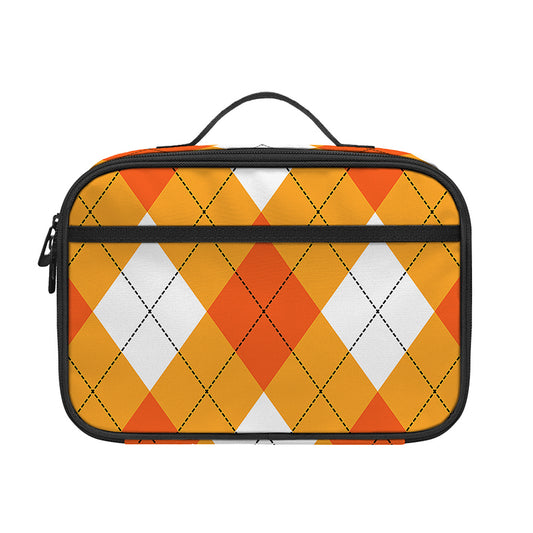 White And Orange Argyle Pattern Print Portable Lunch Bag