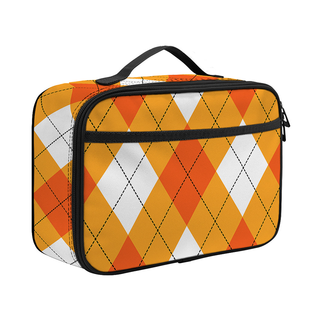 White And Orange Argyle Pattern Print Portable Lunch Bag