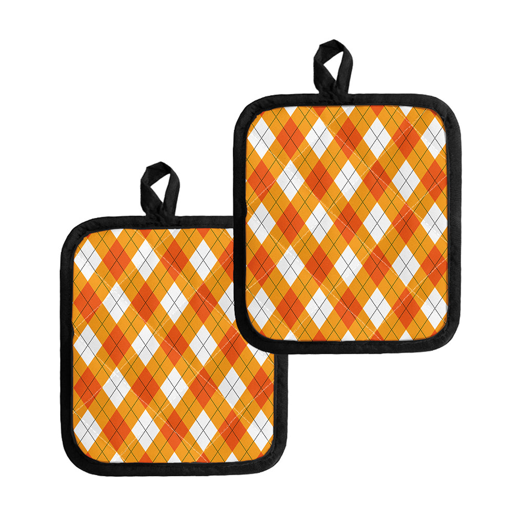 White And Orange Argyle Pattern Print Pot Holders