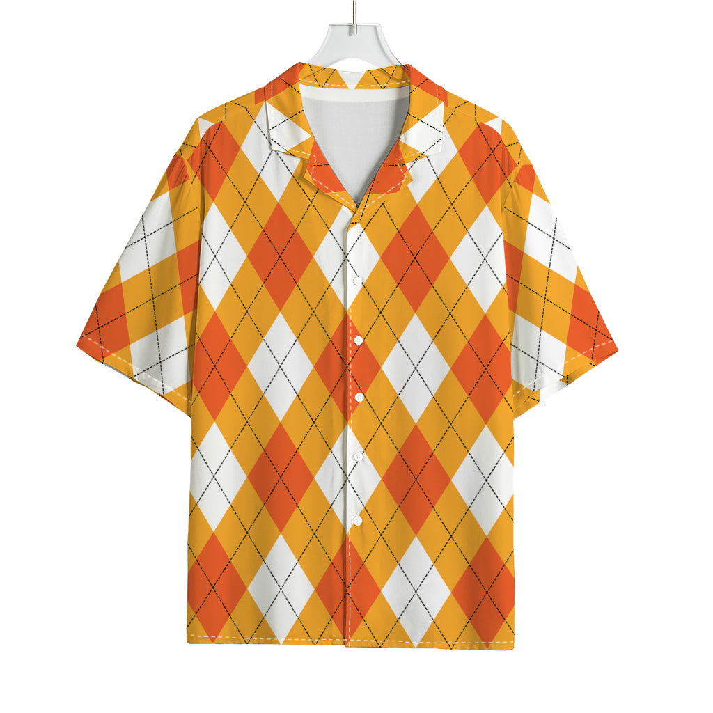 White And Orange Argyle Pattern Print Rayon Hawaiian Shirt